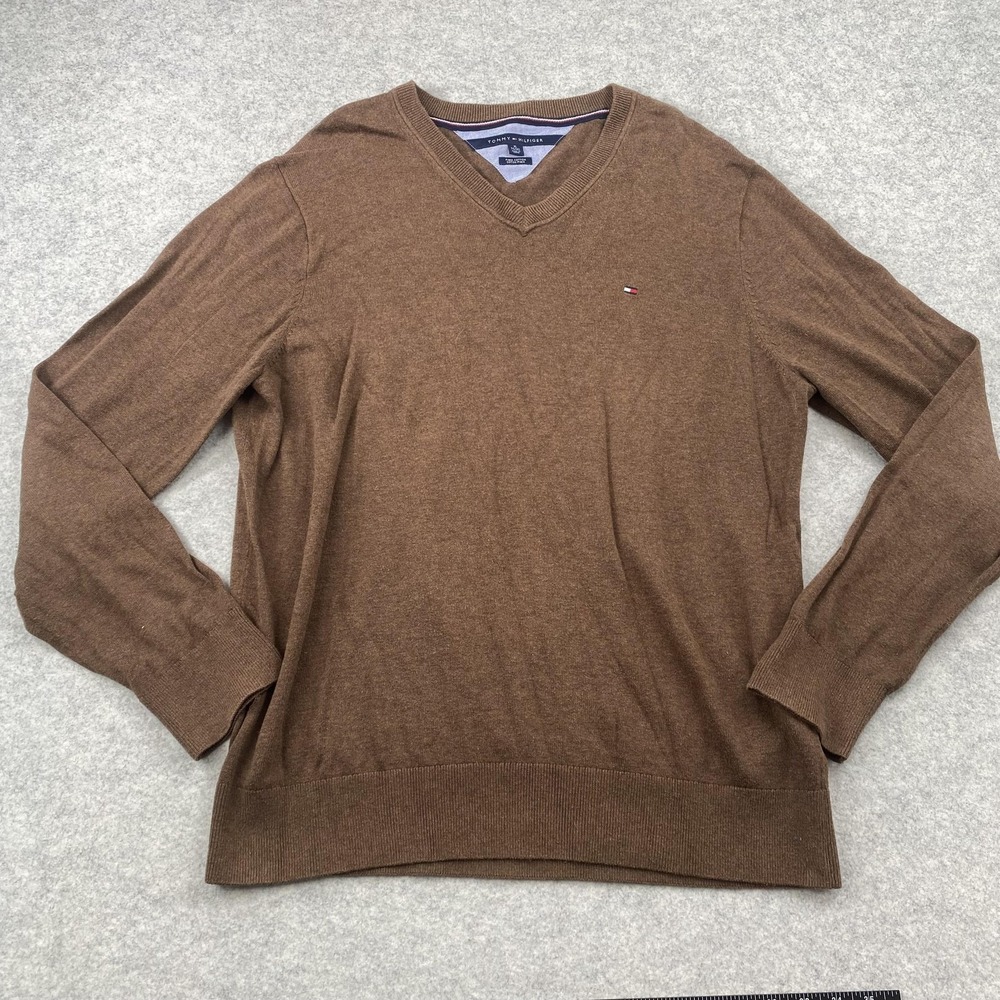 Tommy Hilfiger Sweater Mens XL Brown Pima Cotton V Neck Pullover Knit Logo